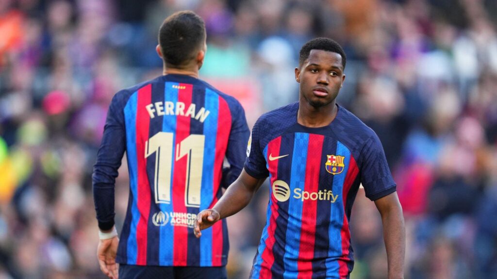 Barcelona players Ansu Fati and Ferran Torres during a game