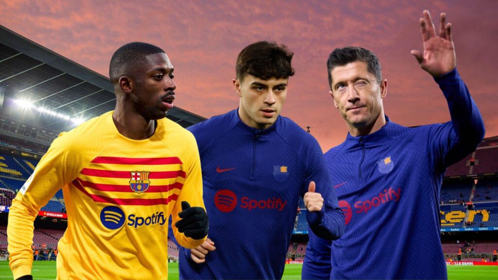 Barcelona players Pedri, Lewandowski and Dembele