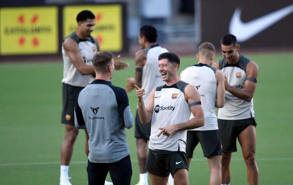 Barcelona players during a training session