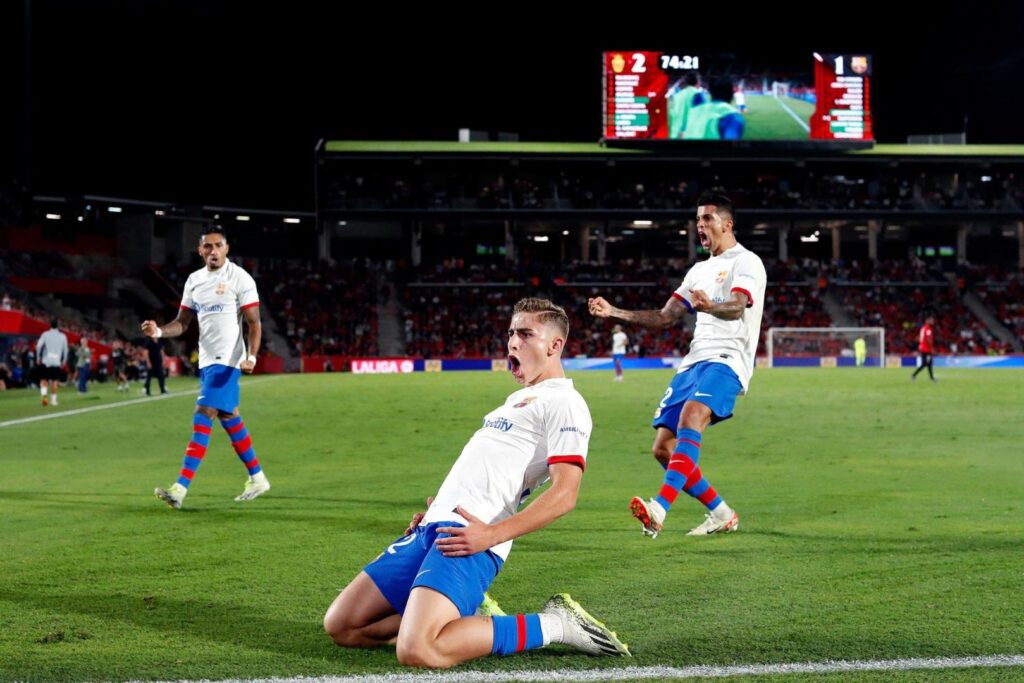 Barcelona midfielder Fermin Lopez celebrating his gaol against Mallorca