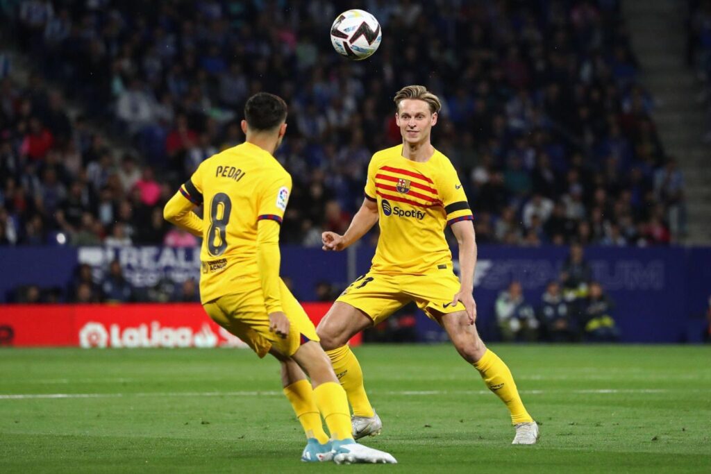 Frenkie De Jong and Pedri during the match between RCD Espanyol and FC Barcelona, corresponding to the week 34 of the Liga Santander, played at the RCDE Stadium, in Barcelona, on 14th May 2023.