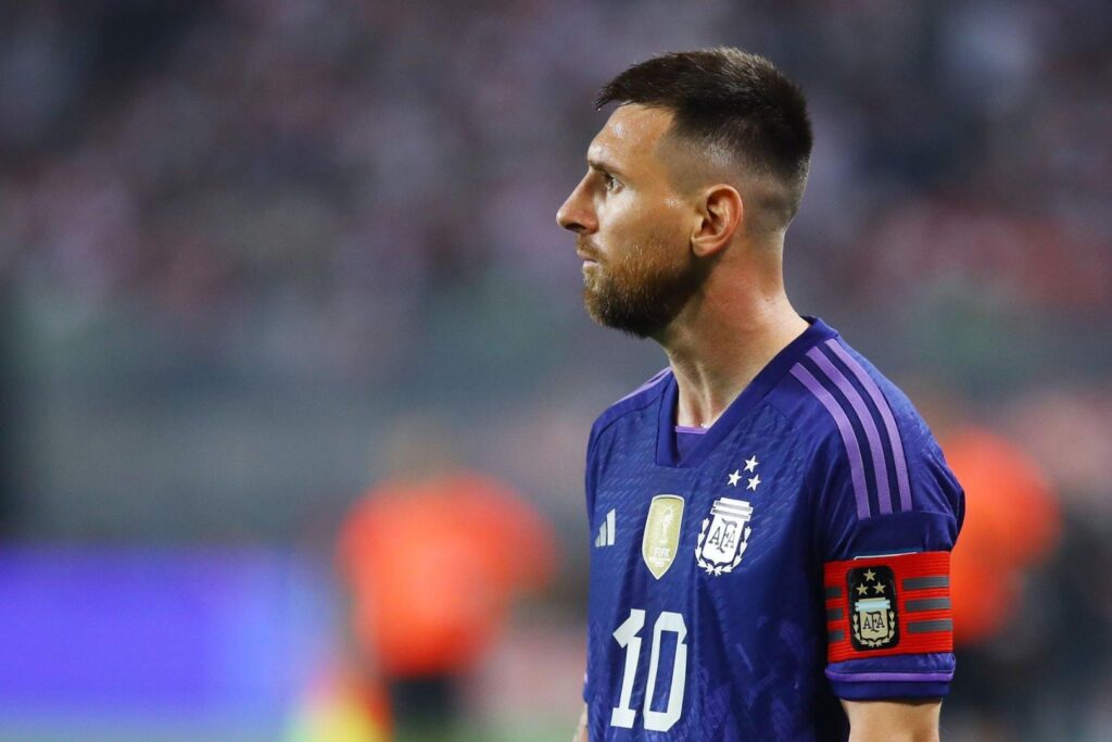 LIMA, PERU - OCTOBER 17: Barcelona legend Lionel Messi looks on during a FIFA World Cup 2026 Qualifier match between Peru and Argentina at Estadio Nacional de Lima on October 17, 2023 in Lima, Peru.