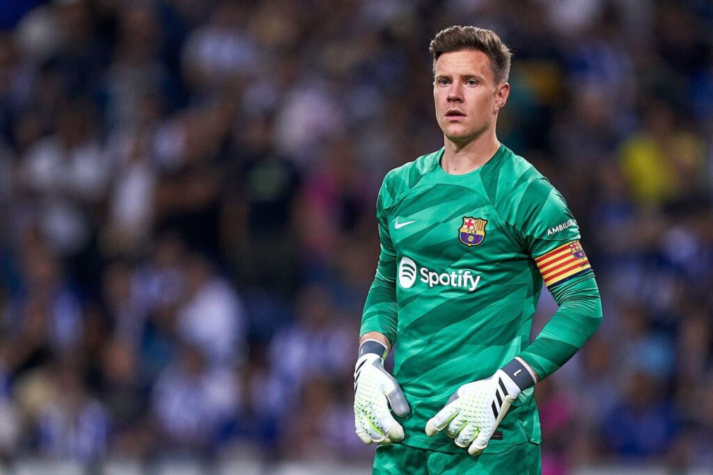 PORTO, PORTUGAL - OCTOBER 04: Marc-Andre Ter Stegen of FC Barcelona looks on during the UEFA Champions League match between FC Porto and FC Barcelona at Estadio do Dragao on October 04, 2023 in Porto, Portugal.