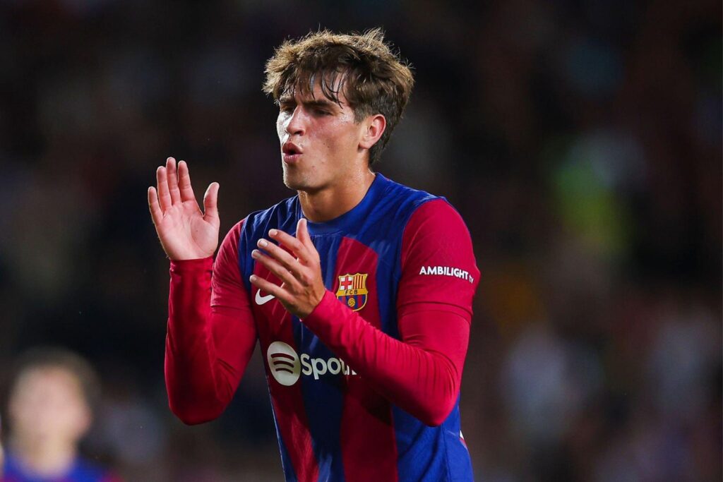 BARCELONA, SPAIN - OCTOBER 22: Marc Guiu of FC Barcelona reacts during the LaLiga EA Sports match between FC Barcelona and Athletic Bilbao at Estadi Olimpic Lluis Companys on October 22, 2023 in Barcelona, Spain.