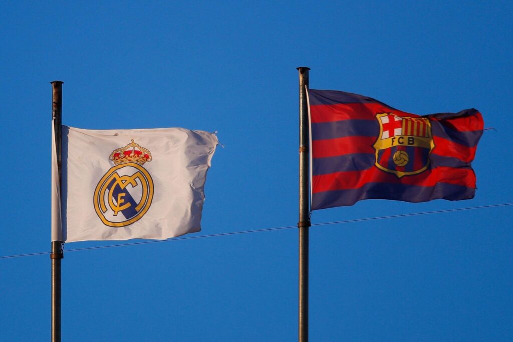 VALENCIA, SPAIN - JANUARY 30: Real Madrid and FC Barcelona flags are seen during the La Liga Santander match between Valencia CF and Elche CF at Estadio Mestalla on January 30, 2021 in Valencia, Spain. Sporting stadiums around Spain remain under strict restrictions due to the Coronavirus Pandemic as Government social distancing laws prohibit fans inside venues resulting in games being played behind closed doors.