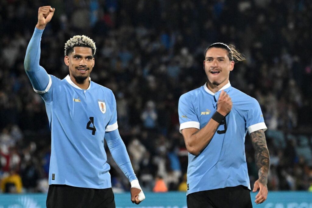 MONTEVIDEO, URUGUAY - OCTOBER 17: (L-R) Barcelona defender Ronald Araujo and Darwin Nuñez of Uruguay celebrates after winning the FIFA World Cup 2026 Qualifier match between Uruguay and Brazil at Centenario Stadium on October 17, 2023 in Montevideo, Uruguay.