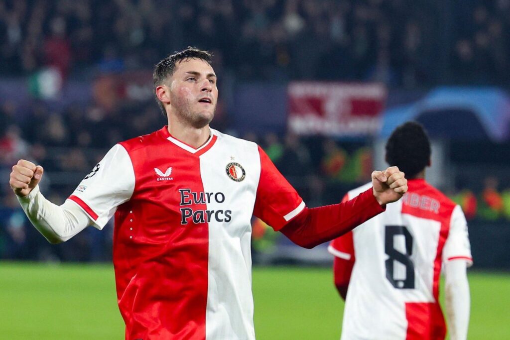 ( Barcelona target ) Santiago Gimenez of Feyenoord Rotterdam celebrates after scoring his teams 3-0 goal during the UEFA Champions League match between Feyenoord and SS Lazio at Feyenoord Stadium on October 25, 2023 in Rotterdam, Netherlands.