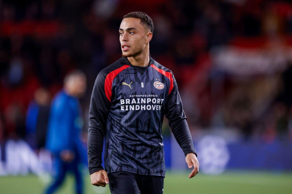 EINDHOVEN, NETHERLANDS - OCTOBER 3: Sergino Dest of PSV Eindhoven ( On Loan from FC Barcelona ) looks on prior to the UEFA Champions League match between PSV Eindhoven and Sevilla FC at Philips Stadion on October 3, 2023 in Eindhoven, Netherlands.