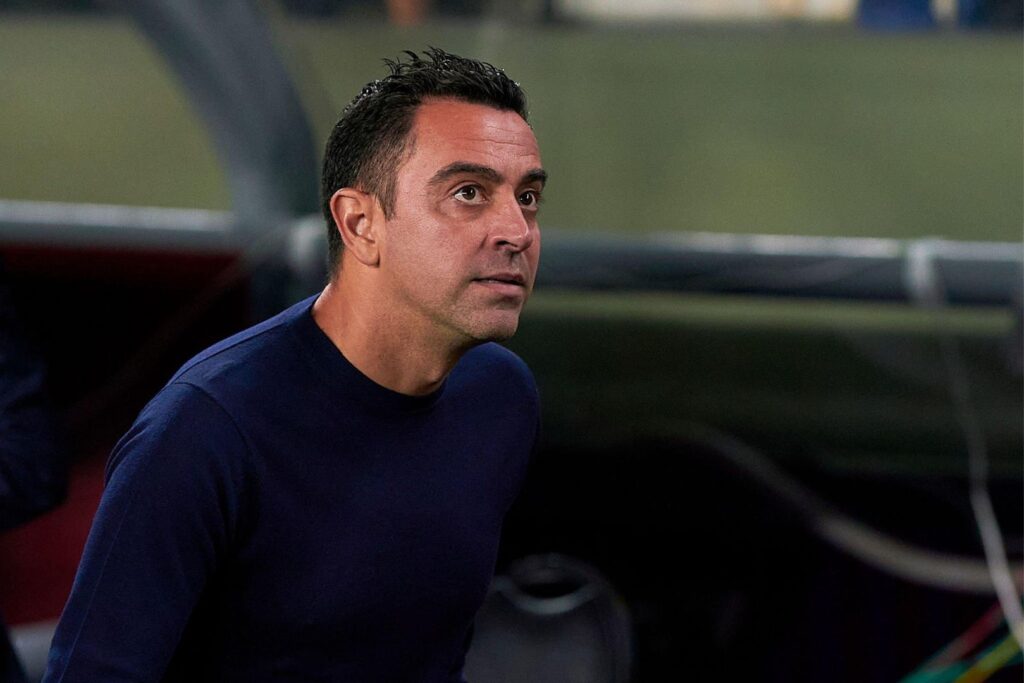 BARCELONA, SPAIN - OCTOBER 20: Xavi Hernandez, head coach of FC Barcelona looks on prior to the LaLiga Santander match between FC Barcelona and Villarreal CF at Spotify Camp Nou on October 20, 2022 in Barcelona, Spain.