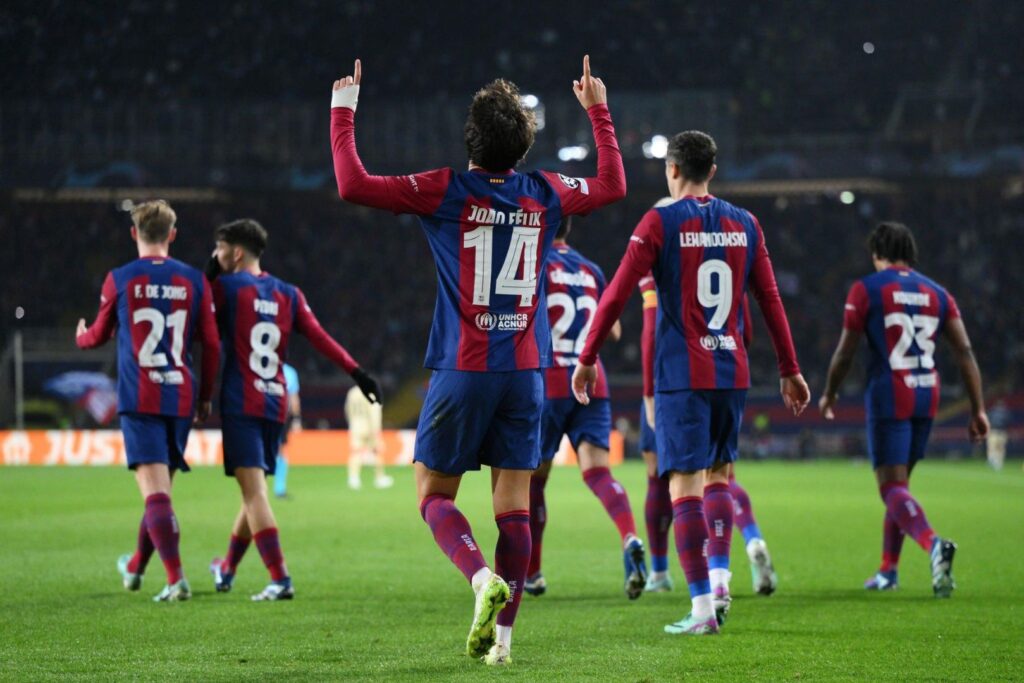 BARCELONA, SPAIN - NOVEMBER 28: Joao Felix of FC Barcelona celebrates after scoring the team's second goal during the UEFA Champions League match between FC Barcelona and FC Porto at Estadi Olimpic Lluis Companys on November 28, 2023 in Barcelona, Spain.