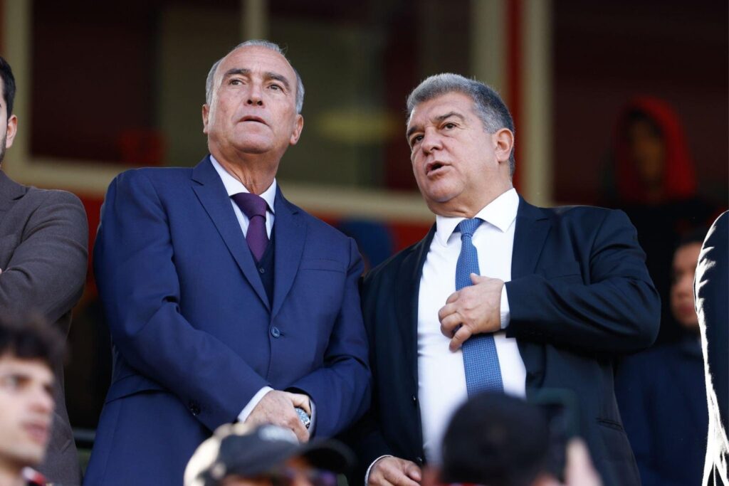 MADRID, SPAIN - NOVEMBER 25: Joan Laporta, President of FC Barcelona, is seen during the Spanish League, LaLiga EA Sports, football match played between Rayo Vallecano and FC Barcelona at Estadio de Vallecas on November 25, 2023, in Madrid, Spain.