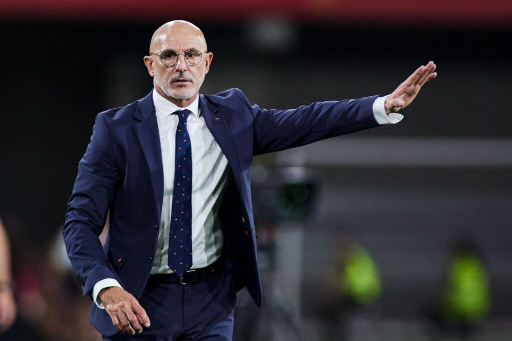 SPAIN - OCTOBER 12: Luis de la Fuente, head coach of Spain, gestures during the UEFA EURO 2024 European qualifier match between Spain and Scotland at La Cartuja stadium on October 12, 2023, in Sevilla, Spain.