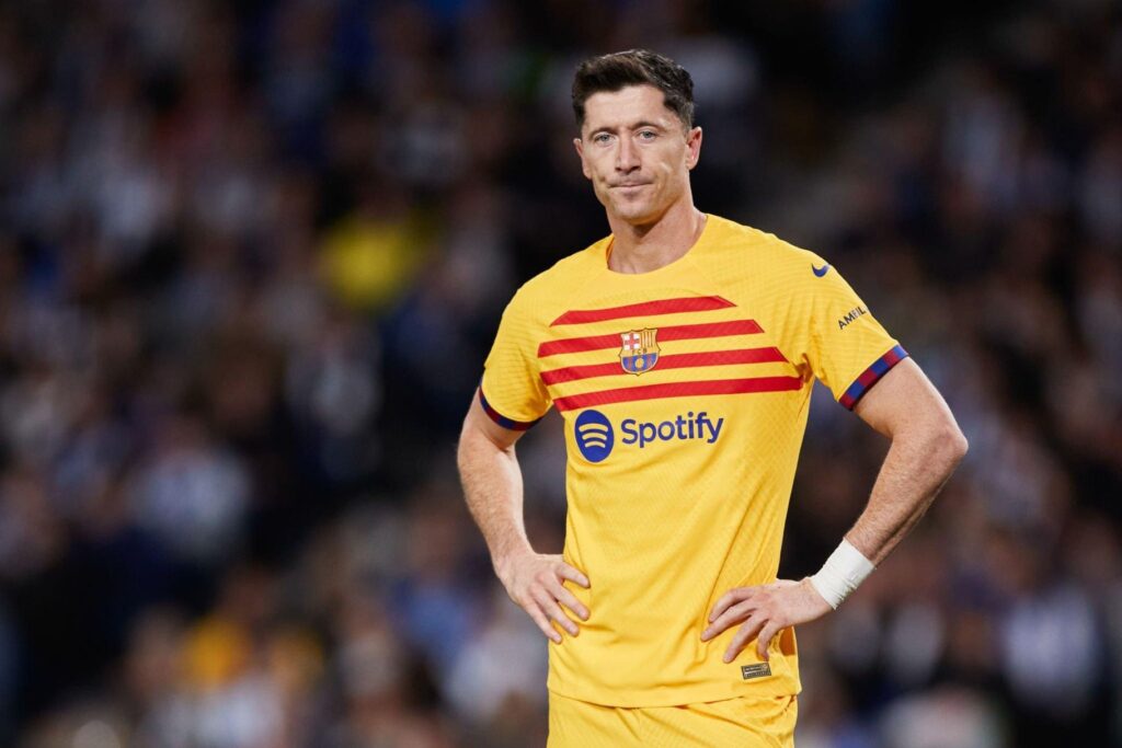 SAN SEBASTIAN, SPAIN - NOVEMBER 04: Robert Lewandowski of FC Barcelona looks on during the LaLiga EA Sports match between Real Sociedad and FC Barcelona at Reale Arena on November 4, 2023, in San Sebastian, Spain.