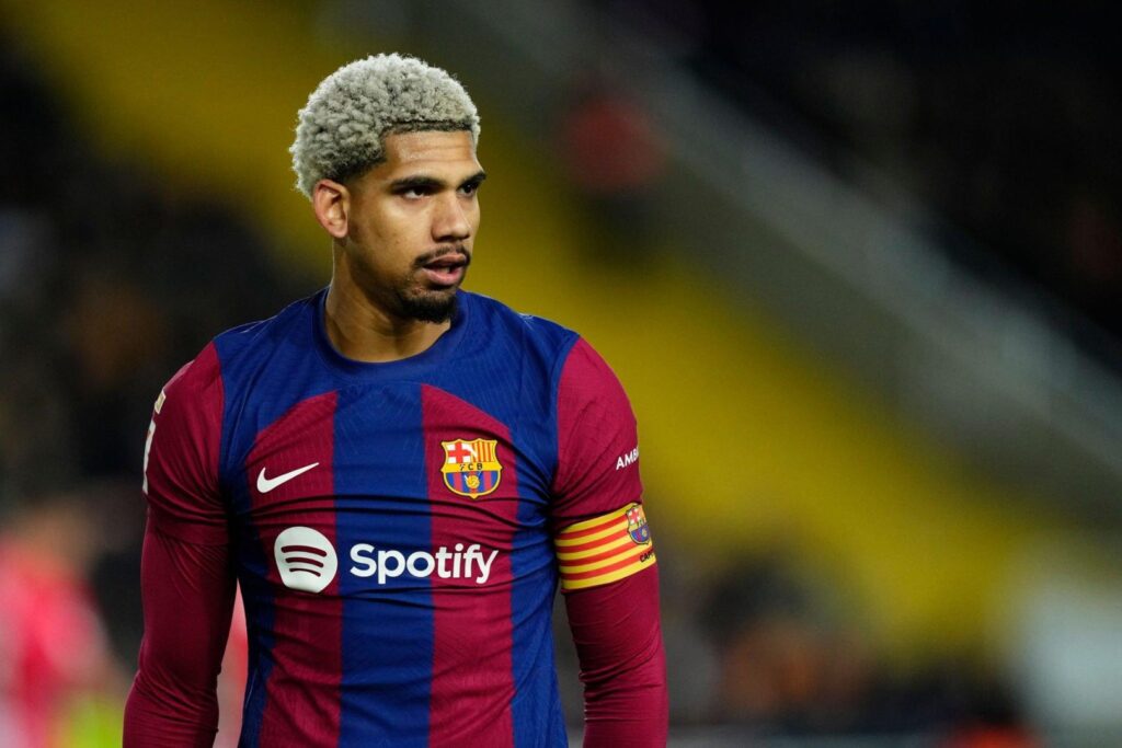 Ronald Araujo centre-back of Barcelona and Uruguay during the LaLiga EA Sports match between FC Barcelona and Atletico Madrid at Estadi Olimpic Lluis Companys on December 3, 2023 in Barcelona, Spain.