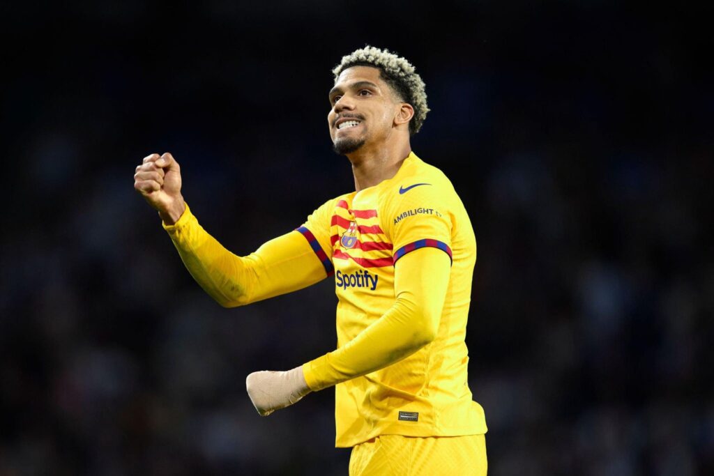 SAN SEBASTIAN, SPAIN - NOVEMBER 04: Ronald Araujo of FC Barcelona celebrates after scoring his team's first goal during the LaLiga EA Sports match between Real Sociedad and FC Barcelona at Reale Arena on November 04, 2023 in San Sebastian, Spain.