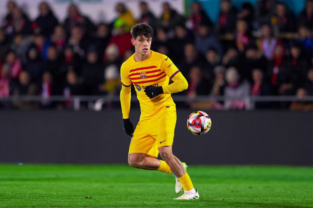 BARBASTRO, SPAIN - JANUARY 07: Hector Fort of FC Barcelona with the ball during the Copa del Rey round of 32 match between UD Barbastro and FC Barcelona at Campo Municipal de Deportes on January 07, 2024 in Barbastro, Spain.