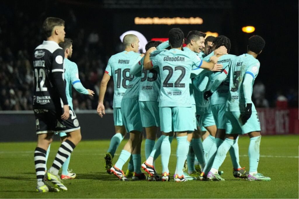 Barcelona's French defender #23 Jules Kounde (2nR) celebrates scoring his team's second goal with teammates during the Spanish Copa del Rey (King's Cup) football match between Unionistas de Salamanca CF and FC Barcelona at Reina Sofia municipal stadium in Salamanca on January 18, 2024.