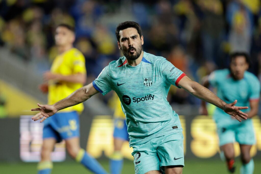 LAS PALMAS DE GRAN CANARIA, SPAIN - JANUARY 4: Ilkay Gundogan of FC Barcelona celebrates 1-2 during the LaLiga EA Sports match between Las Palmas v FC Barcelona at the Gran Canaria Stadium on January 4, 2024 in Las Palmas de Gran Canaria Spain