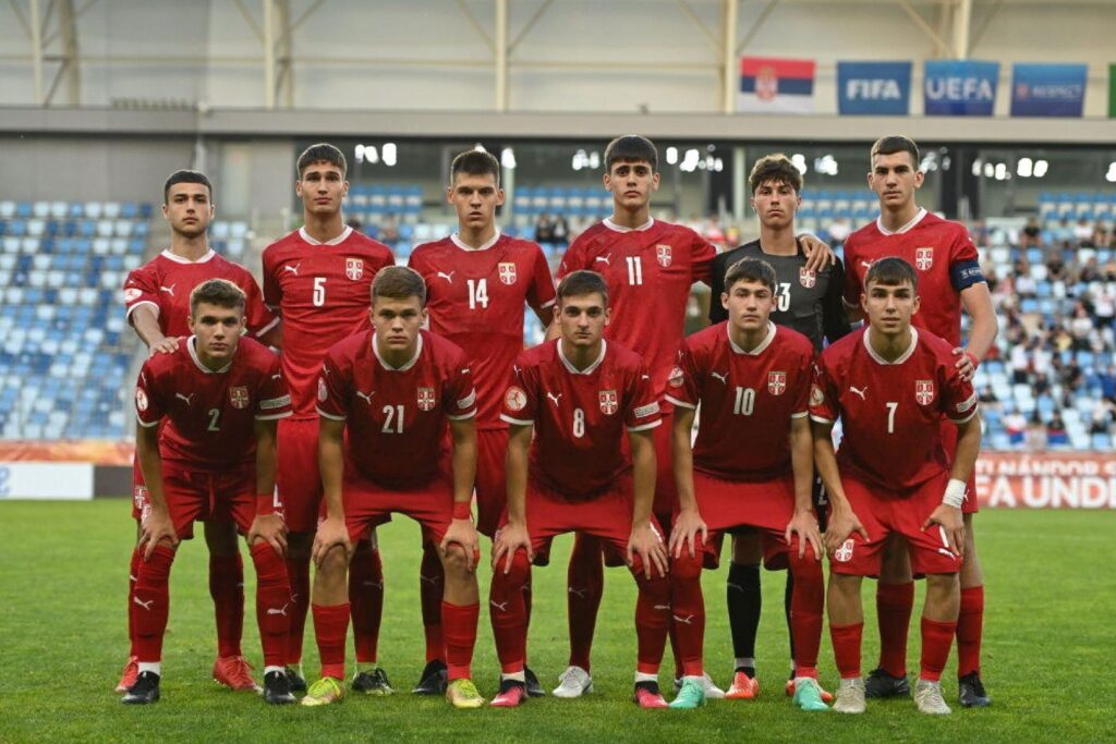 BUDAPEST, HUNGARY - MAY 21: The Serbia team before the UEFA European Under-17 Championship Finals 2023 Group B match between Serbia and Italy in the Hidegkuti Nándor Stadiom on May 21, 2023 in Budapest, Hungary.