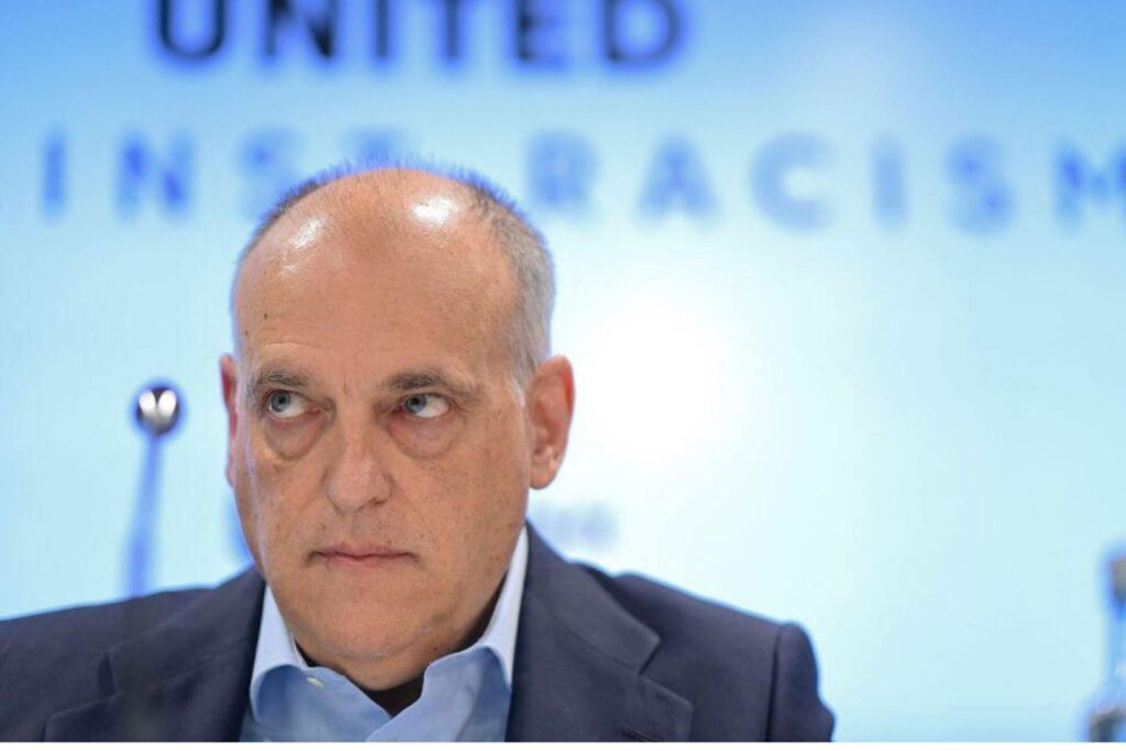 The president of the Spanish football league 'La Liga' Javier Tebas looks on as he gives a press conference in Madrid on May 25, 2023 amid an international outcry after racist abuse was hurled at Real Madrid's Brazilian forward Vinicius Junior during a Spanish league match. The 22-year-old Brazilian forward drew international support after making a stand against the last racist abuse he received from Valencia supporters on May 21.