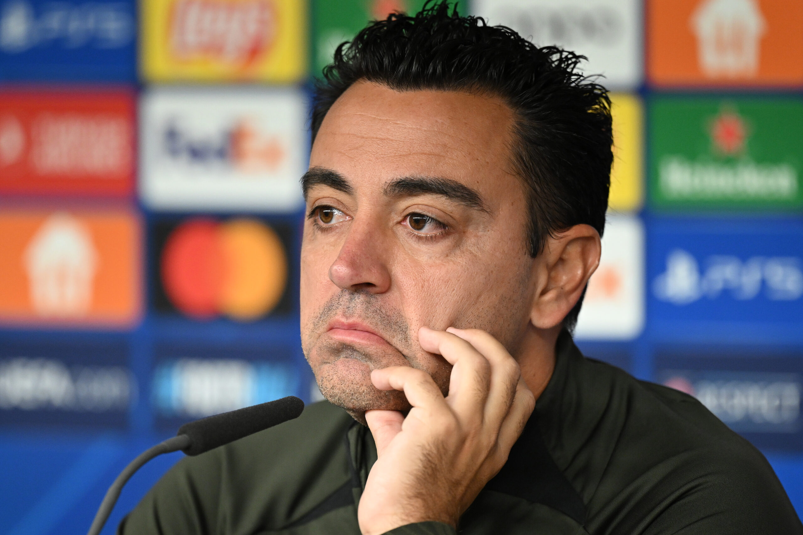 HAMBURG, GERMANY - NOVEMBER 06: Xavi Hernández, head coach of FC Barcelona talks with the media during a press conference at Volksparkstadion on November 06, 2023 in Hamburg, Germany.