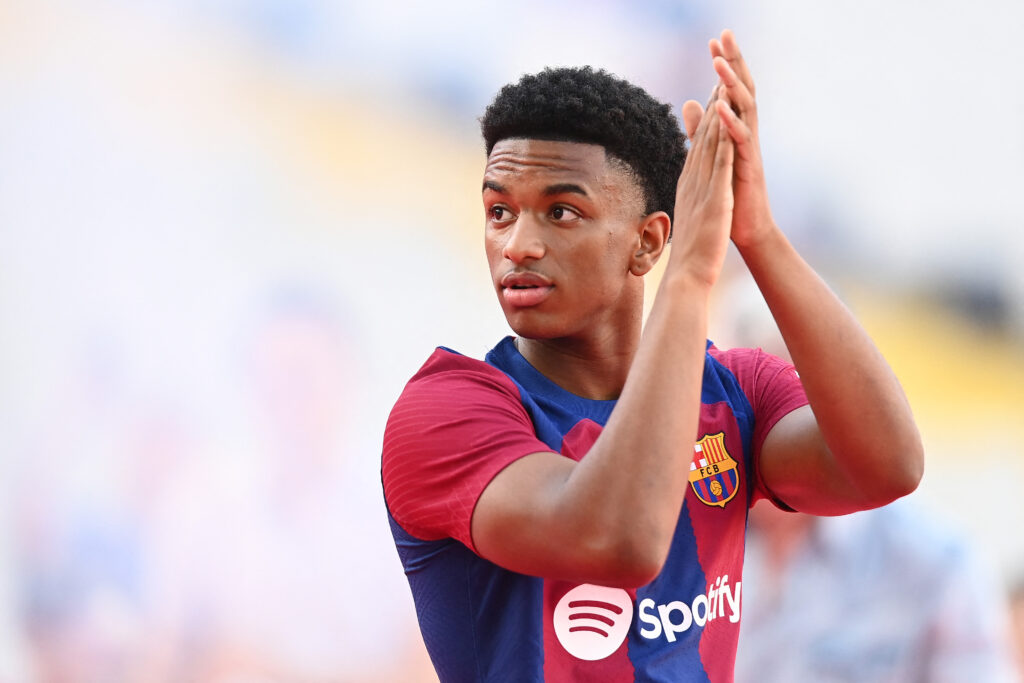 Barcelona's Spanish defender #03 Alejandro Balde arrives for the 58th Joan Gamper Trophy football match between FC Barcelona and Tottenham Hotspur FC at the Estadi Olimpic Lluis Companys in Barcelona on August 8, 2023.