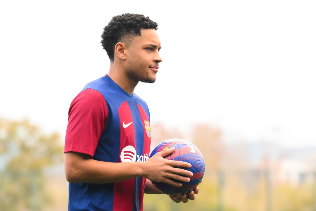 SANT JOAN DESPI, SPAIN - JANUARY 05: New FC Barcelona player Vitor Roque is unveiling at Ciutat Esportiva Joan Gamper on January 05, 2024 in Sant Joan Despi, Spain.