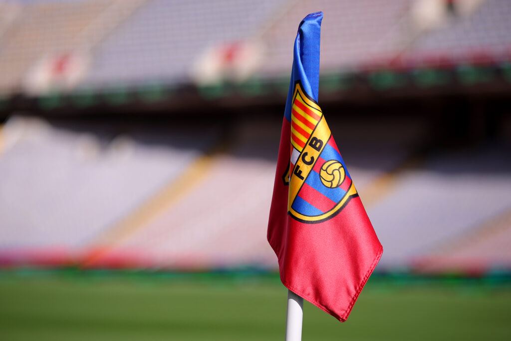 BARCELONA, SPAIN - OCTOBER 28: A detailed view of the corner flag prior to the LaLiga EA Sports match between FC Barcelona and Real Madrid CF at Estadi Olimpic Lluis Companys on October 28, 2023 in Barcelona, Spain.