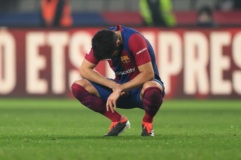 BARCELONA, SPAIN - JANUARY 27: Ilkay Gundogan of FC Barcelona looks dejected at full-time following the teams defeat in the LaLiga EA Sports match between FC Barcelona and Villarreal CF at Estadi Olimpic Lluis Companys on January 27, 2024 in Barcelona, Spain.