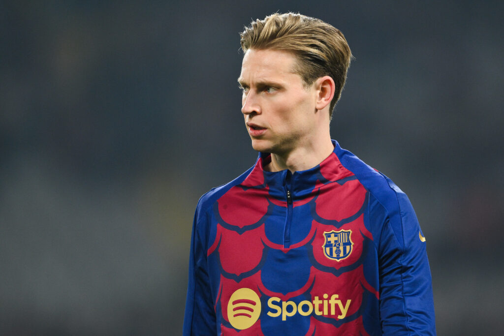 BARCELONA, SPAIN - JANUARY 27: Frenkie de Jong of FC Barcelona looks on during the LaLiga EA Sports match between FC Barcelona and Villarreal CF at Estadi Olimpic Lluis Companys on January 27, 2024 in Barcelona, Spain.