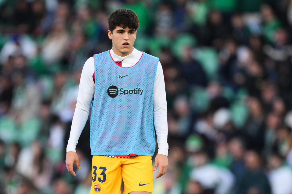 SEVILLE, SPAIN - JANUARY 21: Pau Cubarsi of FC Barcelona looks on during the warm up prior to the LaLiga EA Sports match between Real Betis and FC Barcelona at Estadio Benito Villamarin on January 21, 2024 in Seville, Spain.