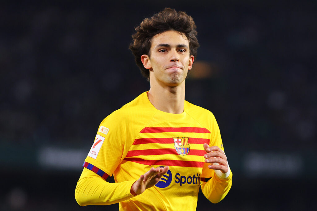 SEVILLE, SPAIN - JANUARY 21: Joao Felix of FC Barcelona celebrates scoring his team's third goal during the LaLiga EA Sports match between Real Betis and FC Barcelona at Estadio Benito Villamarin on January 21, 2024 in Seville, Spain.