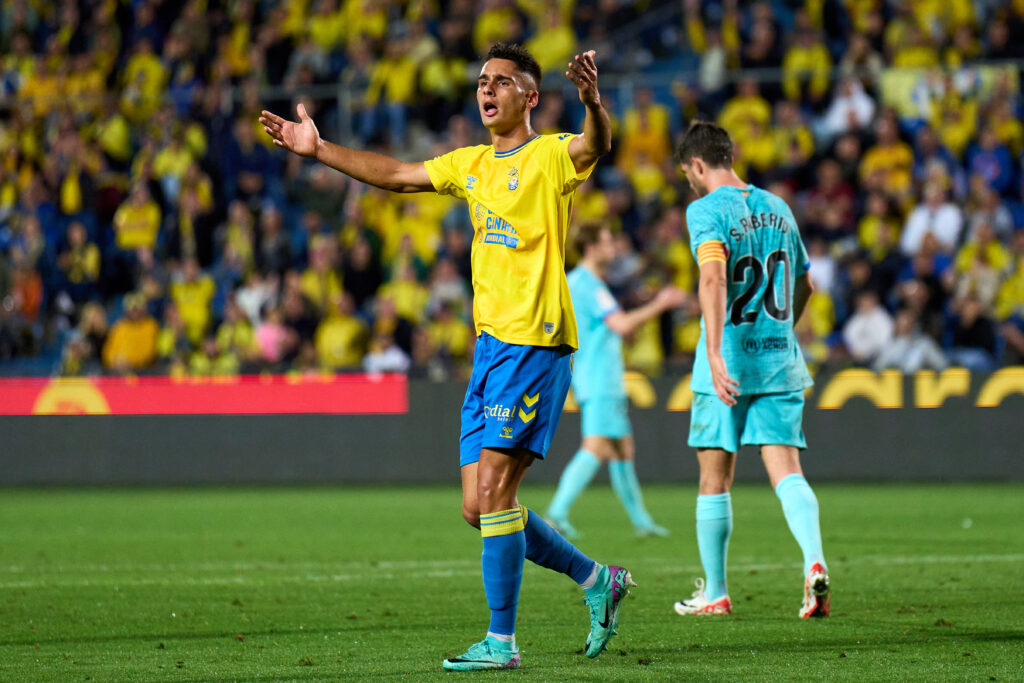 LAS PALMAS, SPAIN - JANUARY 04: Sergi Cardona of UD Las Palmas reacts during the LaLiga EA Sports match between UD Las Palmas and FC Barcelona at Estadio Gran Canaria on January 04, 2024 in Las Palmas, Spain.