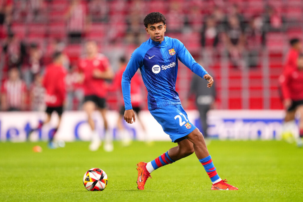 BILBAO, SPAIN - JANUARY 24: Lamine Yamal of FC Barcelona warms up prior to the Copa del Rey Quarter Final match between Athletic Club and FC Barcelona at San Mames Stadium on January 24, 2024 in Bilbao, Spain.