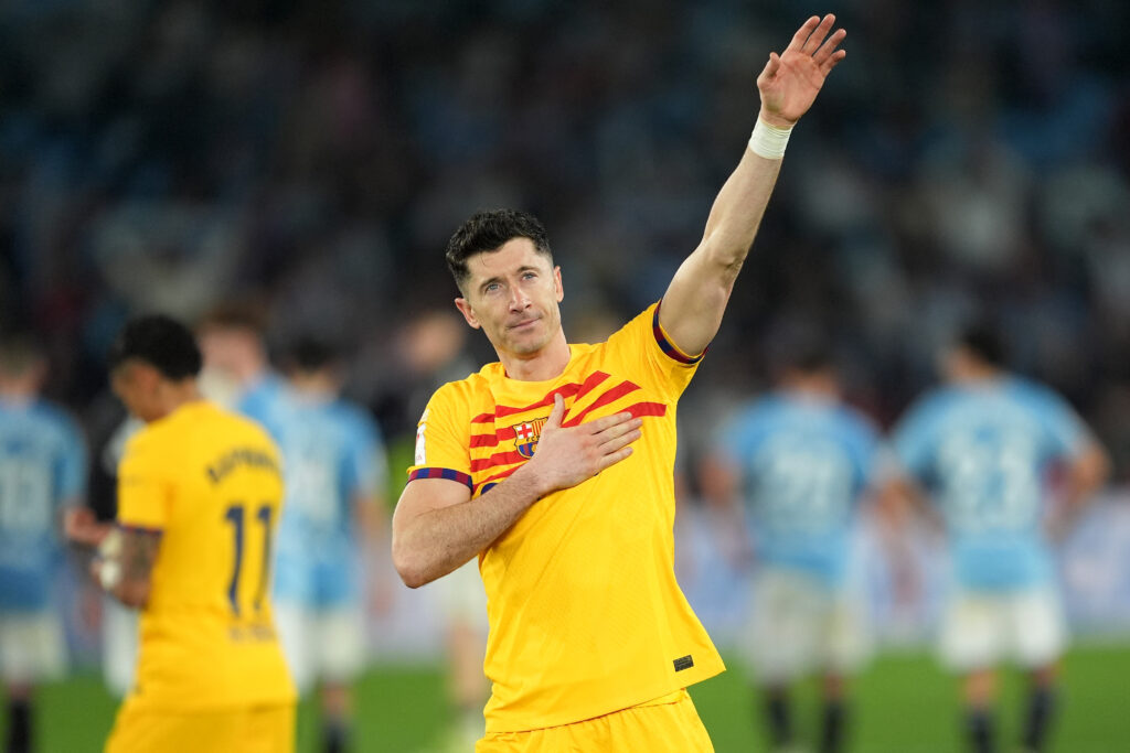 VIGO, SPAIN - FEBRUARY 17: Robert Lewandowski of FC Barcelona celebrates scoring his team's second goal during the LaLiga EA Sports match between Celta Vigo and FC Barcelona at Estadio Balaidos on February 17, 2024 in Vigo, Spain.