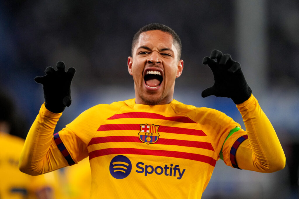 VITORIA-GASTEIZ, SPAIN - FEBRUARY 03: Vitor Roque of FC Barcelona celebrates scoring his team's third goal during the LaLiga EA Sports match between Deportivo Alaves and FC Barcelona at Estadio de Mendizorroza on February 03, 2024 in Vitoria-Gasteiz, Spain.