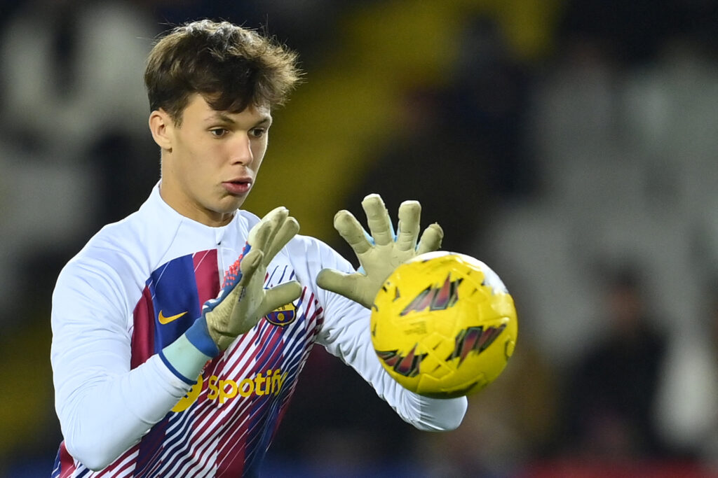 Barcelona's US goalkeeper #31 Diego Kochen warms up before the Spanish league football match between FC Barcelona and Club Atletico de Madrid at the Estadi Olimpic Lluis Companys in Barcelona on December 3, 2023.