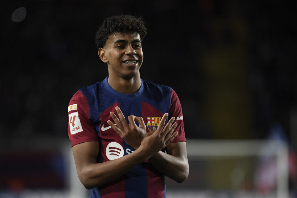 Barcelona's Spanish forward #27 Lamine Yamal celbrates scoring the opening goal during the Spanish league football match between FC Barcelona and Granada FC at the Estadi Olimpic Lluis Companys in Barcelona on February 11, 2024.