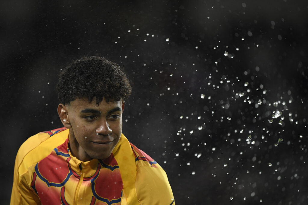 Barcelona's Spanish forward #27 Lamine Yamal is pictured before the Spanish league football match between FC Barcelona and Granada FC at the Estadi Olimpic Lluis Companys in Barcelona on February 11, 2024.