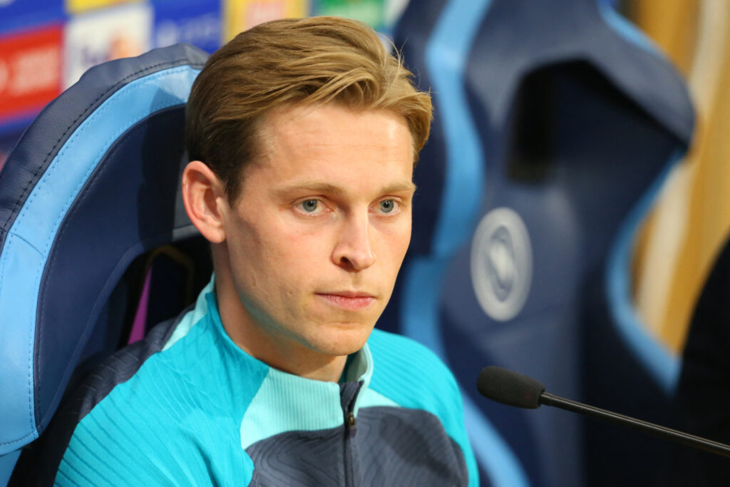 Barcelona's Dutch midfielder #21 Frenkie de Jong attends a press conference on the eve of the UEFA Champions League last 16 first leg football match between Napoli and Barcelona at the Diego Armando Maradona stadium on February 20, 2024.