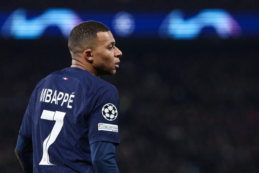 Paris Saint-Germain's French forward #07 Kylian Mbappe looks on during the UEFA Champions League 1st round, day 5, Group F football match between Paris Saint-Germain (PSG) and Newcastle United on November 28, 2023 at the Parc des Princes stadium in Paris.