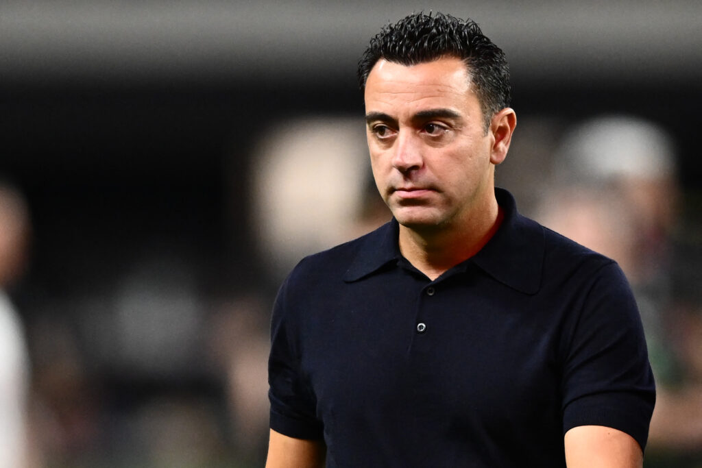 Barcelona's Spanish coach Xavi looks on following the pre-season friendly football match between AC Milan and FC Barcelona, at Allegiant Stadium in Las Vegas, Nevada, on August 1, 2023.