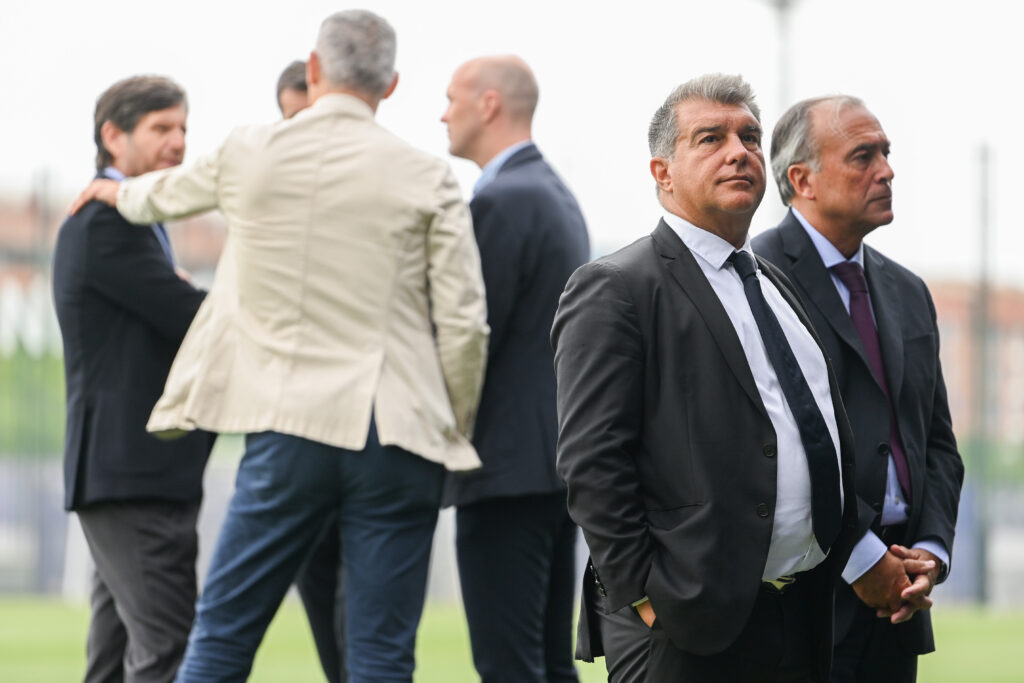 SANT JOAN DESPI, SPAIN - JULY 06: FC Barcelona President Joan Laporta and FC Barcelona Vice-President Rafael Yuste (R) look on prior to FC Barcelona new signing player Franck Kessie unveiling at Ciutat Esportiva Joan Gamper on July 06, 2022 in Sant Joan Despi, Spain.