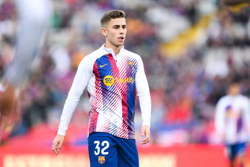 BARCELONA, SPAIN - NOVEMBER 12: Fermin Lopez of FC Barcelona looks on prior to the LaLiga EA Sports match between FC Barcelona and Deportivo Alaves at Estadi Olimpic Lluis Companys on November 12, 2023 in Barcelona, Spain.