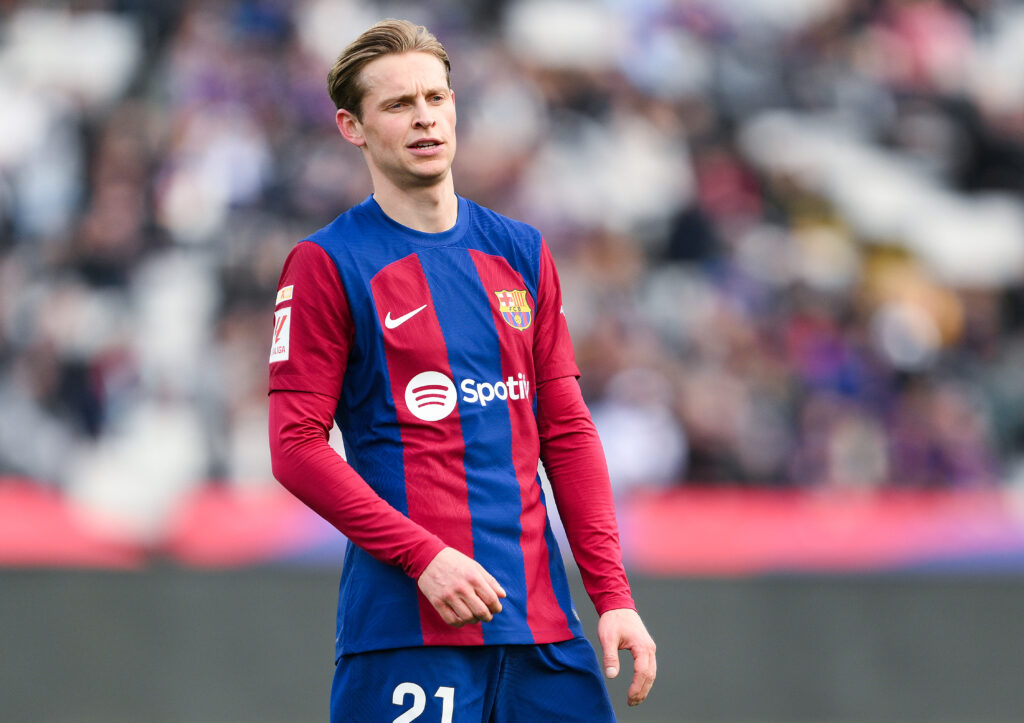 BARCELONA, SPAIN - FEBRUARY 24: Frenkie de Jong of FC Barcelona looks on during the LaLiga EA Sports match between FC Barcelona and Getafe CF at Estadi Olimpic Lluis Companys on February 24, 2024 in Barcelona, Spain.