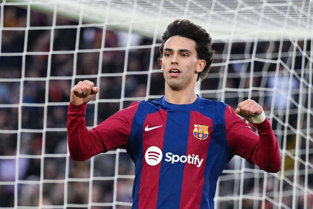 BARCELONA, SPAIN - FEBRUARY 24: Joao Felix of FC Barcelona celebrates scoring his team's second goal during the LaLiga EA Sports match between FC Barcelona and Getafe CF at Estadi Olimpic Lluis Companys on February 24, 2024 in Barcelona, Spain.