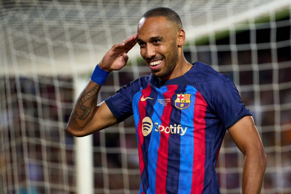 BARCELONA, SPAIN - AUGUST 07: Pierre-Emerick Aubameyang of FC Barcelona celebrates after scoring his team's fifth goal during the Joan Gamper Trophy match between FC Barcelona and Pumas UNAM at Spotify Camp Nou on August 07, 2022 in Barcelona, Spain.