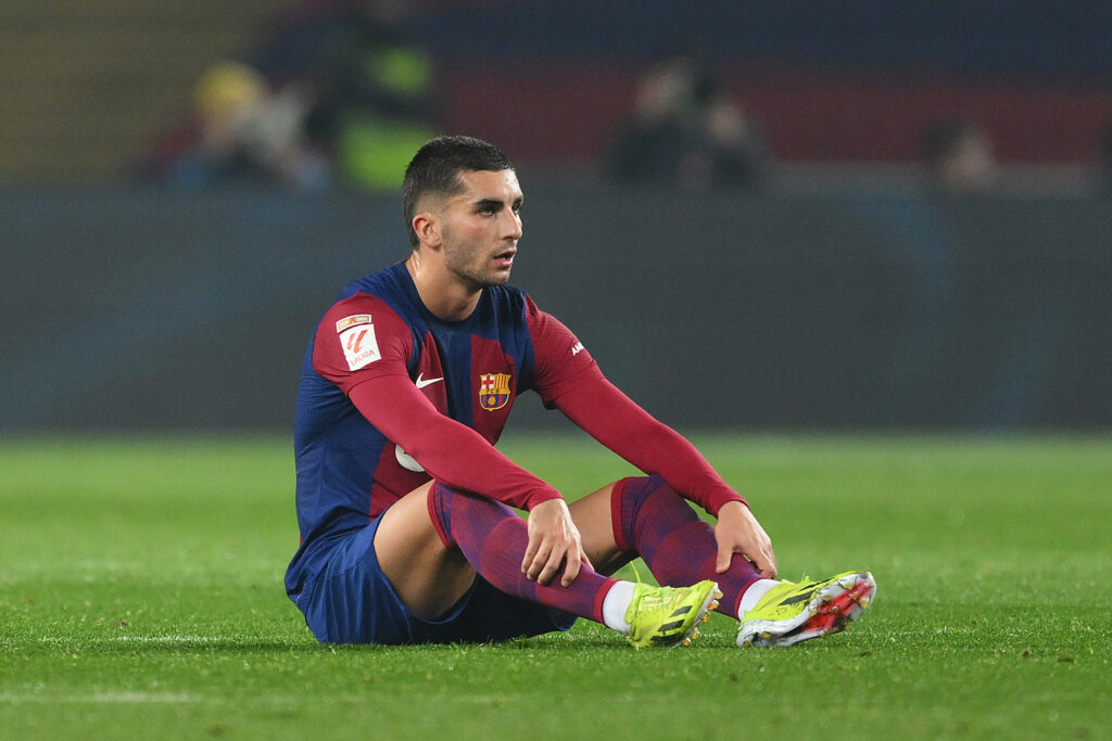 BARCELONA, SPAIN - JANUARY 27: Ferran Torres of FC Barcelona looks dejected at full-time following the teams defeat in the LaLiga EA Sports match between FC Barcelona and Villarreal CF at Estadi Olimpic Lluis Companys on January 27, 2024 in Barcelona, Spain.