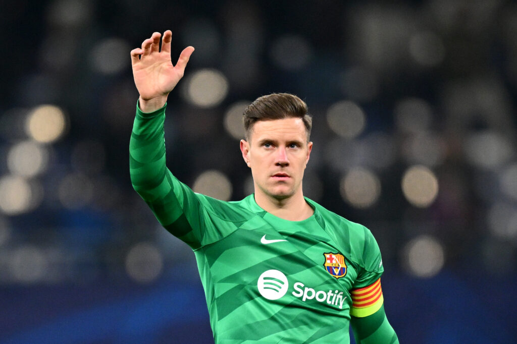 HAMBURG, GERMANY - NOVEMBER 07: Marc-Andre ter Stegen of FC Barcelona acknowledges the fans following the team's defeat during the UEFA Champions League match between FC Shakhtar Donetsk and FC Barcelona at Volksparkstadion on November 07, 2023 in Hamburg, Germany.