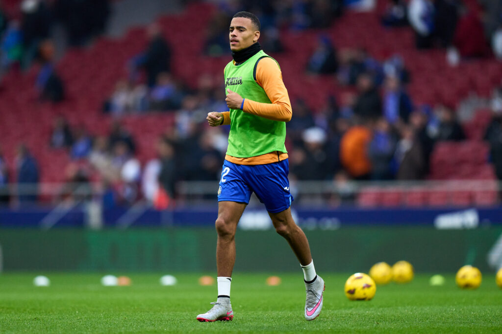 MADRID, SPAIN - JANUARY 02: Mason Greenwood of Getafe CF warms up prior to the LaLiga EA Sports match between Getafe CF and Rayo Vallecano at Civitas Metropolitano Stadium on January 02, 2024 in Madrid, Spain. The match is being played at Civitas Metropolitano Stadium following a ruling against Getafe regarding a pitch invasion that occured in 2017.